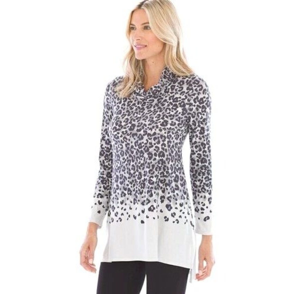 Soma Tunic Top Women Small Grey Leopard Print Cowl Neck Long Sleeve Ombre 12772